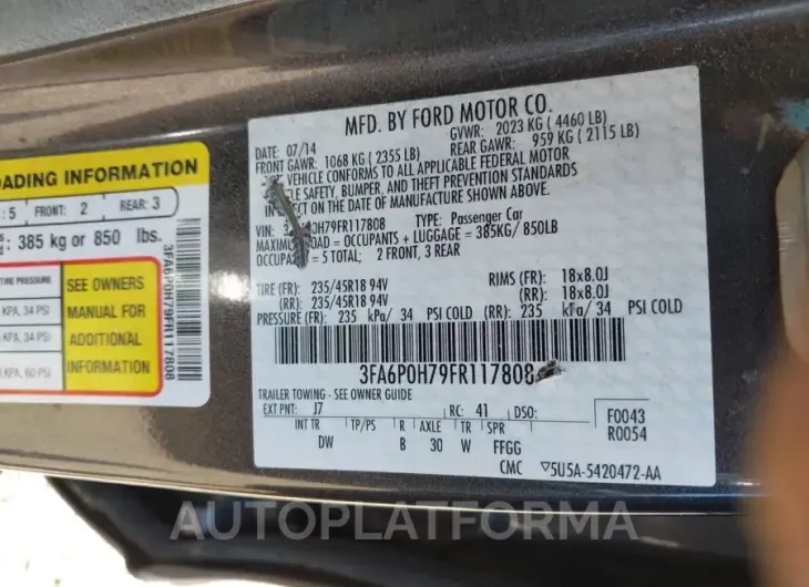 FORD FUSION 2015 vin 3FA6P0H79FR117808 from auto auction Iaai