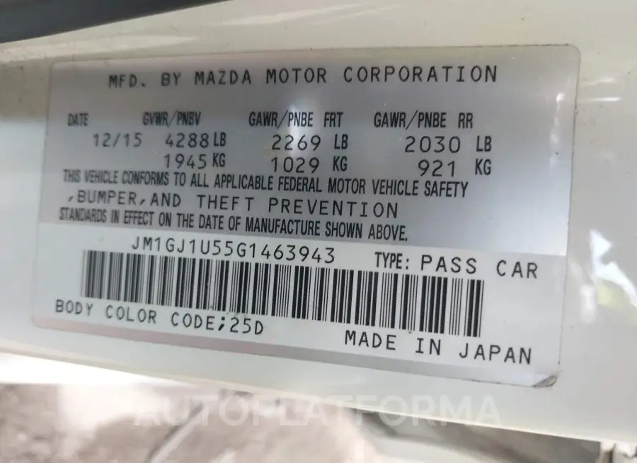 MAZDA MAZDA6 2016 vin JM1GJ1U55G1463943 from auto auction Iaai