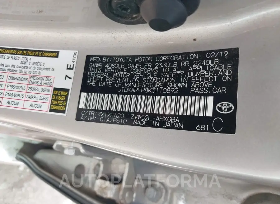 TOYOTA PRIUS PRIME 2019 vin JTDKARFP8K3110892 from auto auction Iaai