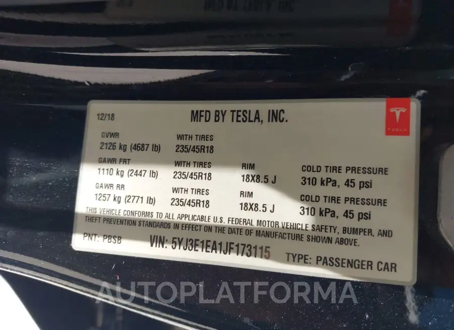 TESLA MODEL 3 2018 vin 5YJ3E1EA1JF173115 from auto auction Iaai