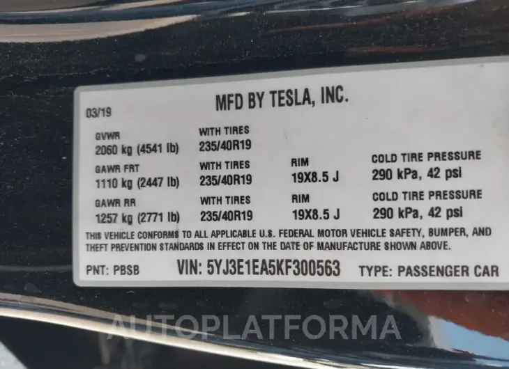 TESLA MODEL 3 2019 vin 5YJ3E1EA5KF300563 from auto auction Iaai