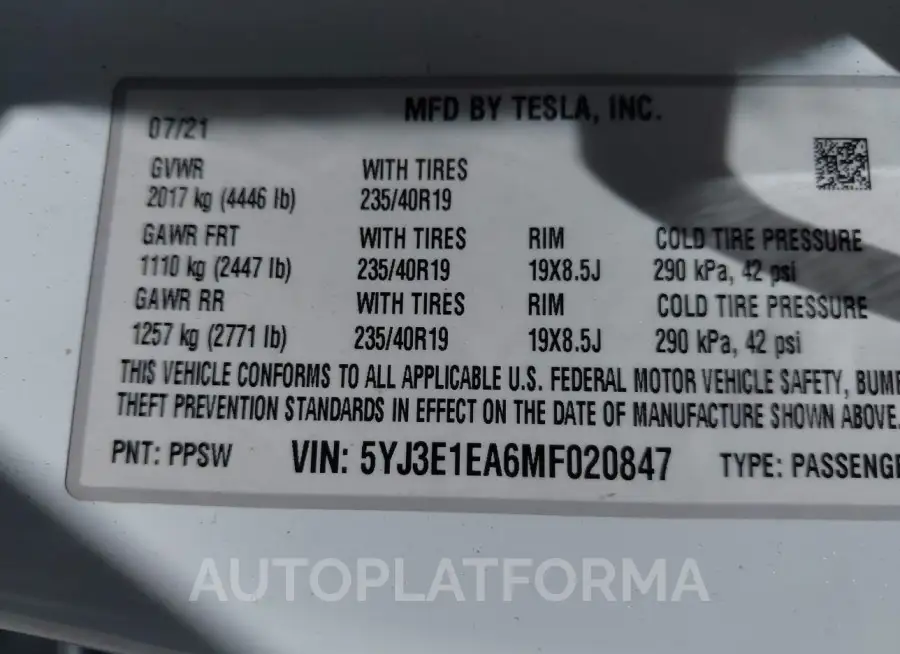 TESLA MODEL 3 2021 vin 5YJ3E1EA6MF020847 from auto auction Iaai