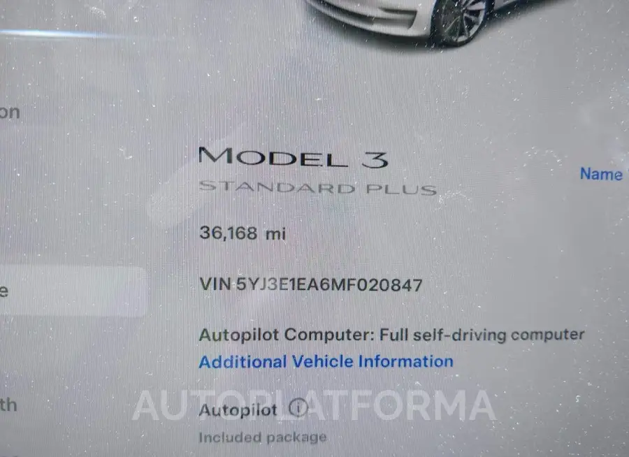 TESLA MODEL 3 2021 vin 5YJ3E1EA6MF020847 from auto auction Iaai