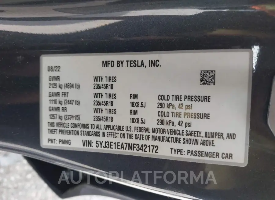 TESLA MODEL 3 2022 vin 5YJ3E1EA7NF342172 from auto auction Iaai