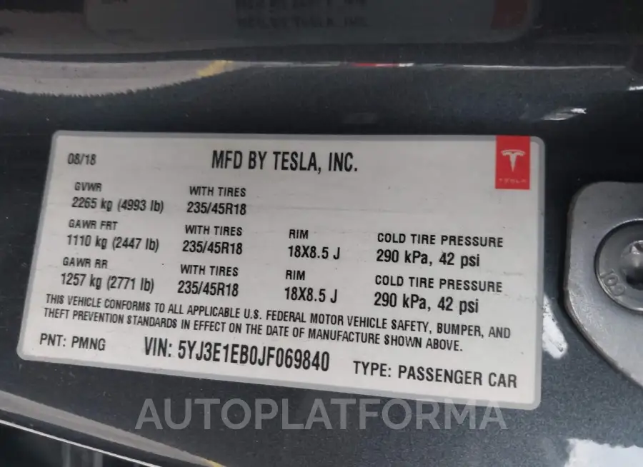 TESLA MODEL 3 2018 vin 5YJ3E1EB0JF069840 from auto auction Iaai