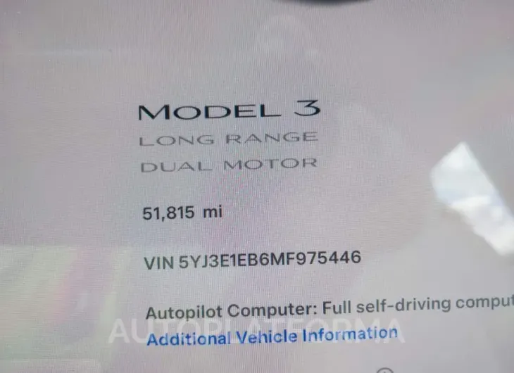 TESLA MODEL 3 2021 vin 5YJ3E1EB6MF975446 from auto auction Iaai