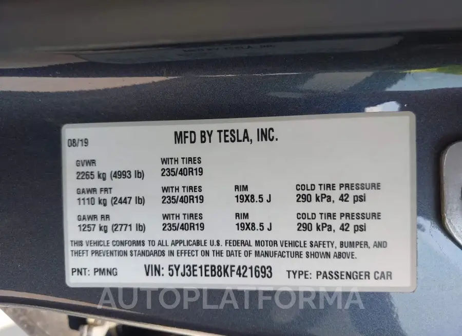 TESLA MODEL 3 2019 vin 5YJ3E1EB8KF421693 from auto auction Iaai