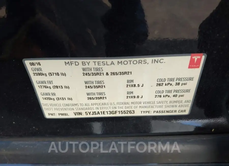 TESLA MODEL S 2016 vin 5YJSA1E13GF155263 from auto auction Iaai