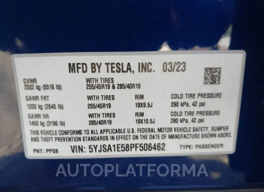 TESLA MODEL S 2023 vin 5YJSA1E58PF506462 from auto auction Iaai