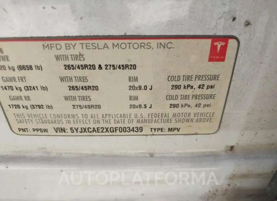 TESLA MODEL X 2016 vin 5YJXCAE2XGF003439 from auto auction Iaai