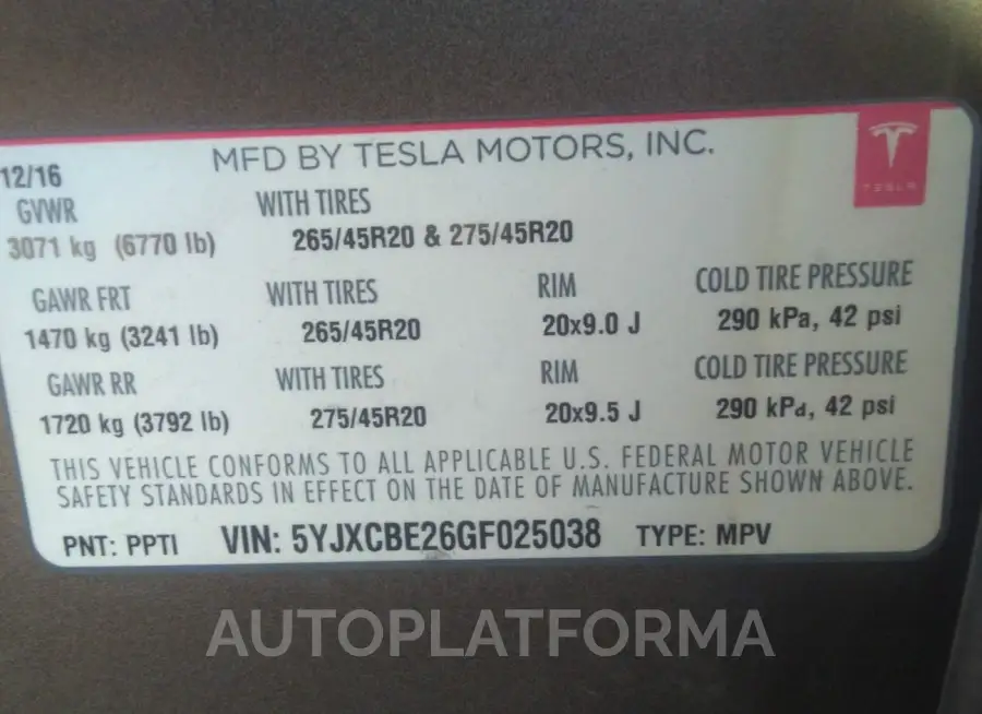 TESLA MODEL X 2016 vin 5YJXCBE26GF025038 from auto auction Iaai