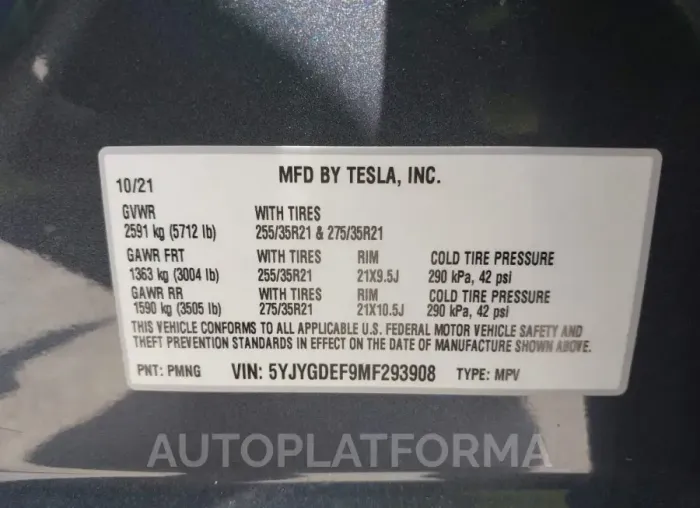 TESLA MODEL Y 2021 vin 5YJYGDEF9MF293908 from auto auction Iaai