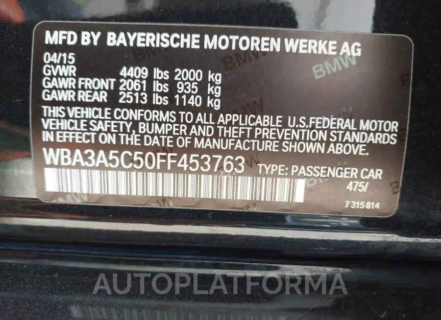 BMW 328I  2015 vin WBA3A5C50FF453763 from auto auction Iaai