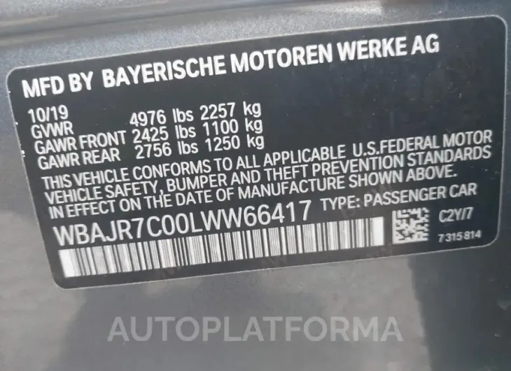 BMW 530I 2020 vin WBAJR7C00LWW66417 from auto auction Iaai