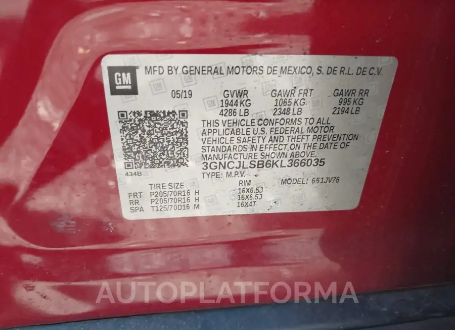 CHEVROLET TRAX 2019 vin 3GNCJLSB6KL366035 from auto auction Iaai