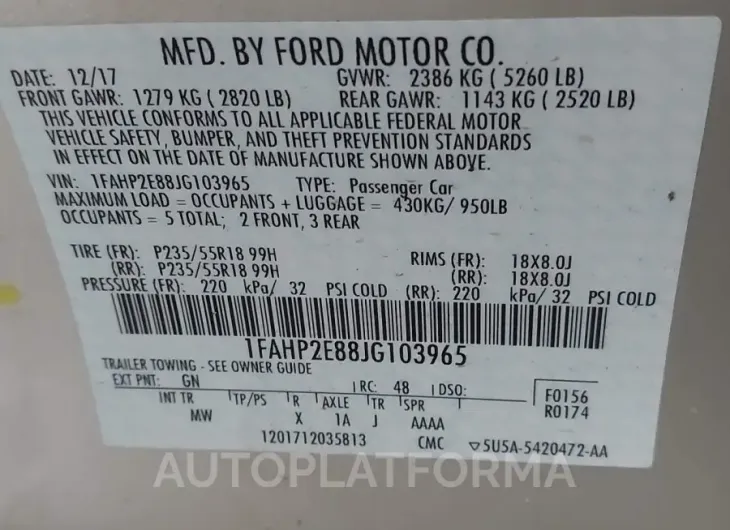 FORD TAURUS 2018 vin 1FAHP2E88JG103965 from auto auction Iaai