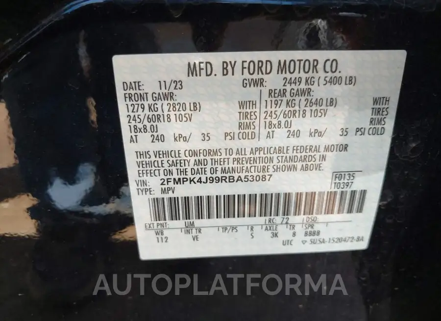 FORD EDGE 2024 vin 2FMPK4J99RBA53087 from auto auction Iaai