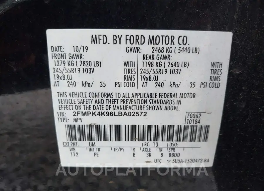 FORD EDGE 2020 vin 2FMPK4K96LBA02572 from auto auction Iaai