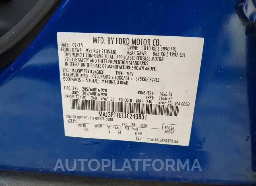 FORD ECOSPORT 2018 vin MAJ3P1TE1JC243831 from auto auction Iaai