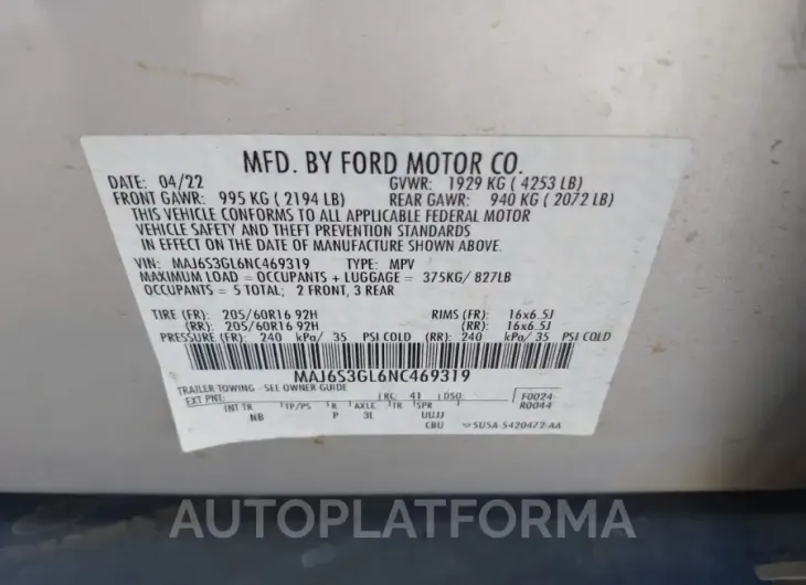 FORD ECOSPORT 2022 vin MAJ6S3GL6NC469319 from auto auction Iaai