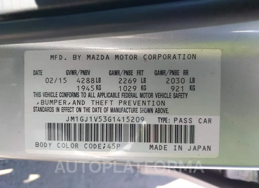 MAZDA MAZDA6 2016 vin JM1GJ1V53G1415209 from auto auction Iaai