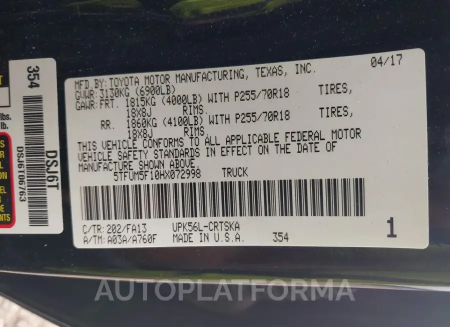 TOYOTA TUNDRA 2017 vin 5TFUM5F10HX072998 from auto auction Iaai