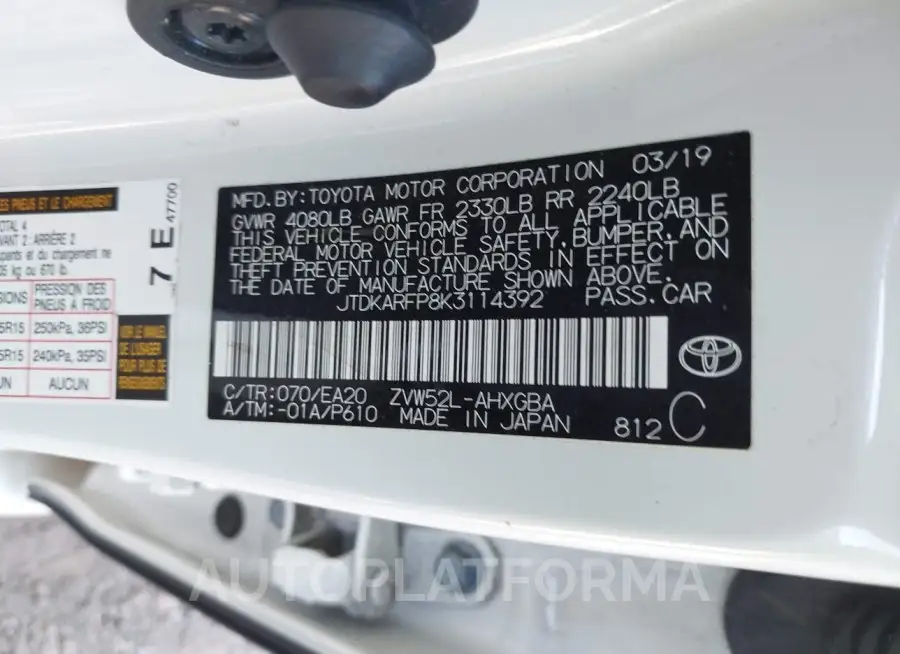 TOYOTA PRIUS PRIME 2019 vin JTDKARFP8K3114392 from auto auction Iaai