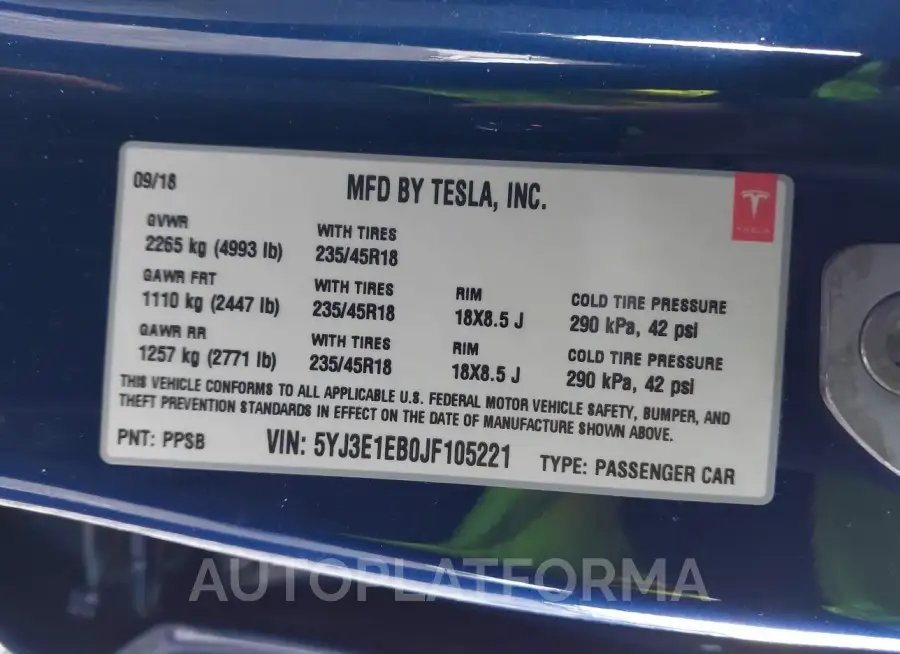 TESLA MODEL 3 2018 vin 5YJ3E1EB0JF105221 from auto auction Iaai