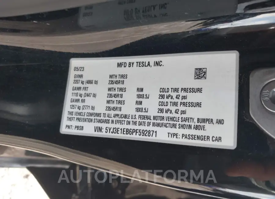 TESLA MODEL 3 2023 vin 5YJ3E1EB6PF592871 from auto auction Iaai