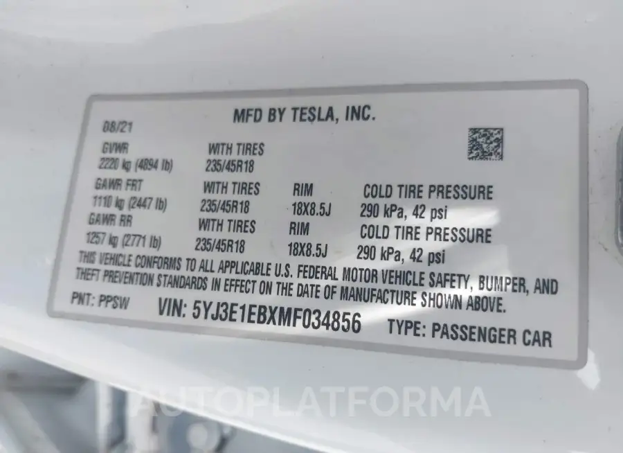 TESLA MODEL 3 2021 vin 5YJ3E1EBXMF034856 from auto auction Iaai