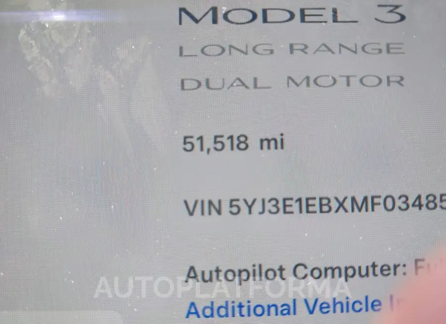 TESLA MODEL 3 2021 vin 5YJ3E1EBXMF034856 from auto auction Iaai