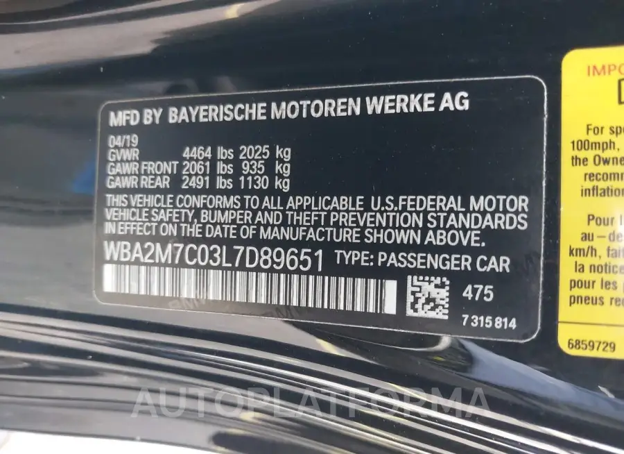 BMW 230I 2020 vin WBA2M7C03L7D89651 from auto auction Iaai