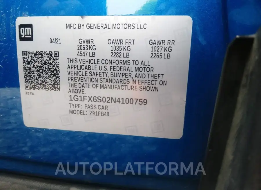 CHEVROLET BOLT EV 2022 vin 1G1FX6S02N4100759 from auto auction Iaai