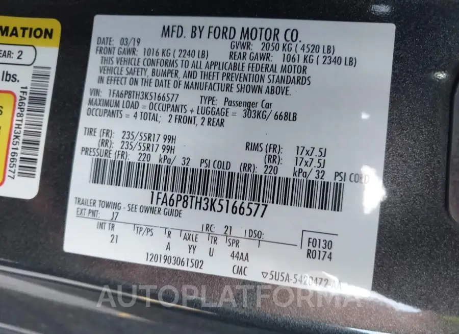 FORD MUSTANG 2019 vin 1FA6P8TH3K5166577 from auto auction Iaai