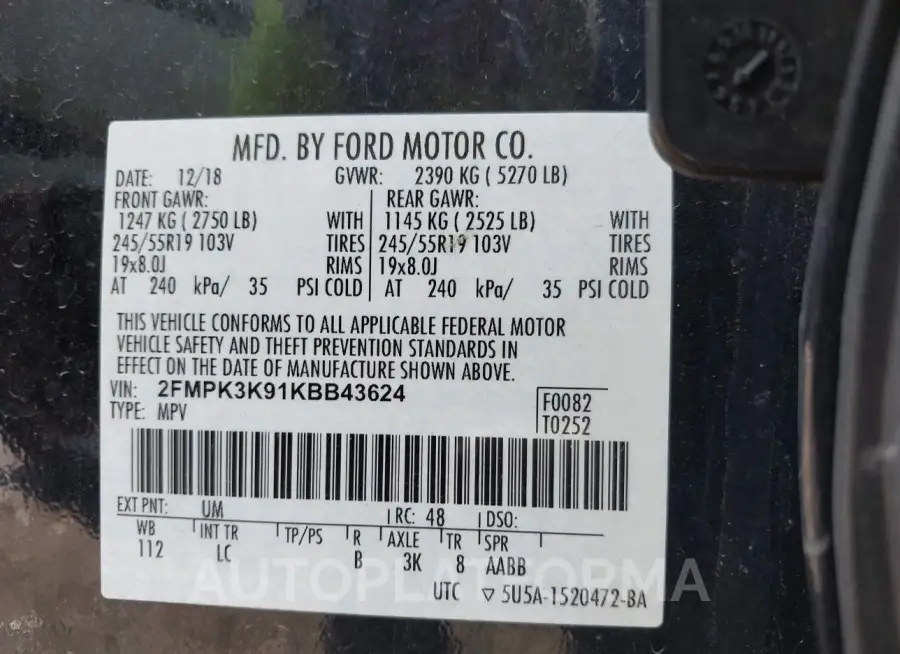 FORD EDGE 2019 vin 2FMPK3K91KBB43624 from auto auction Iaai