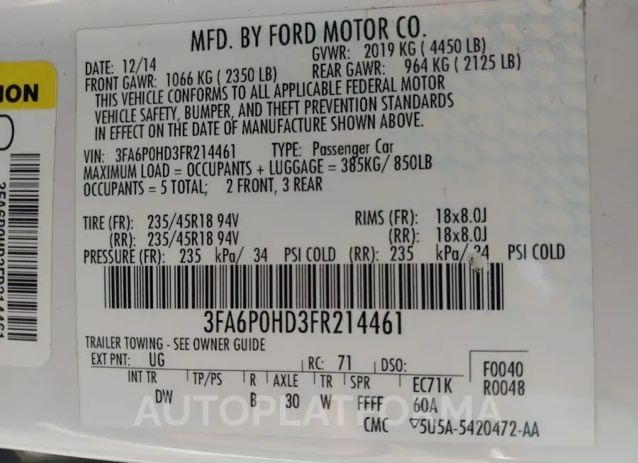 FORD FUSION 2015 vin 3FA6P0HD3FR214461 from auto auction Iaai