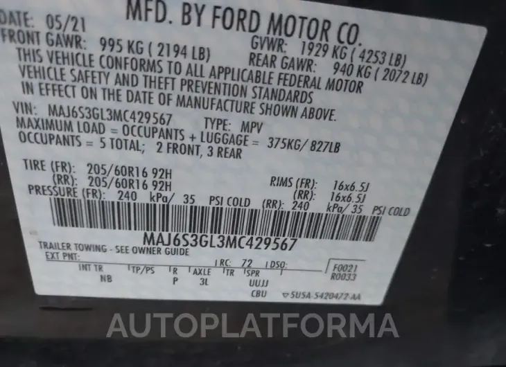 FORD ECOSPORT 2021 vin MAJ6S3GL3MC429567 from auto auction Iaai