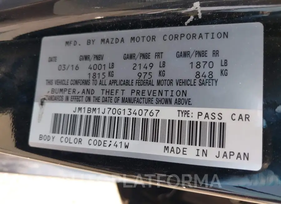 MAZDA MAZDA3 2016 vin JM1BM1J70G1340767 from auto auction Iaai