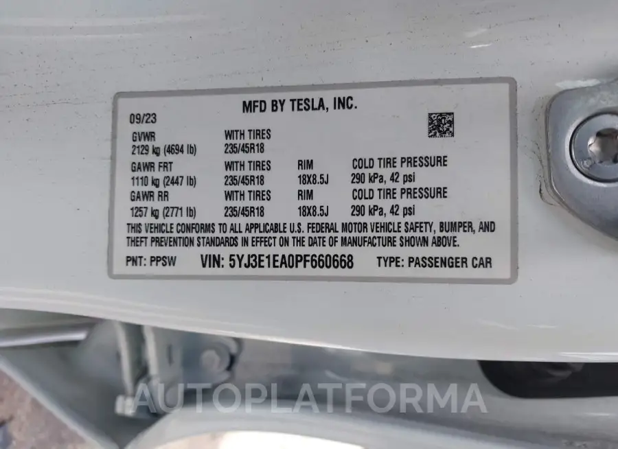 TESLA MODEL 3 2023 vin 5YJ3E1EA0PF660668 from auto auction Iaai