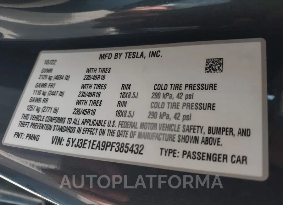 TESLA MODEL 3 2023 vin 5YJ3E1EA9PF385432 from auto auction Iaai