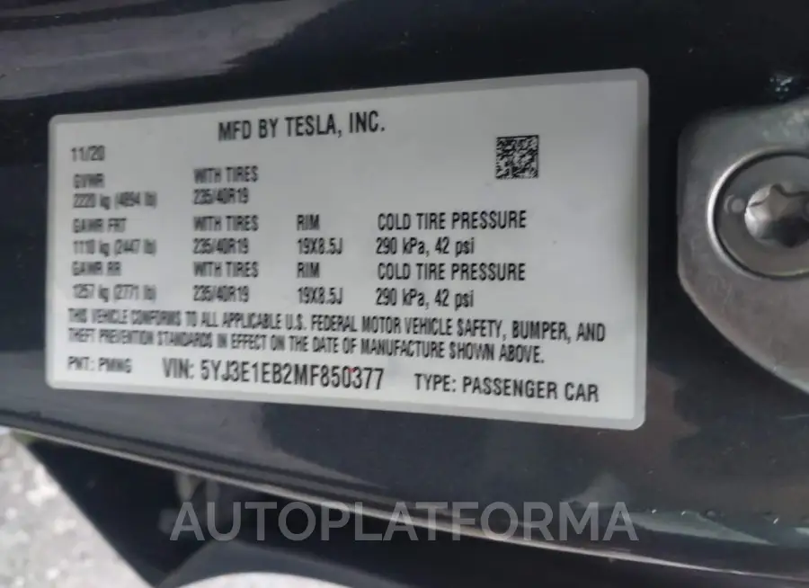 TESLA MODEL 3 2021 vin 5YJ3E1EB2MF850377 from auto auction Iaai