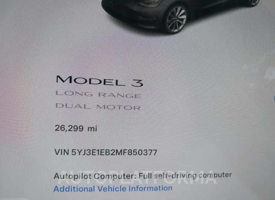 TESLA MODEL 3 2021 vin 5YJ3E1EB2MF850377 from auto auction Iaai