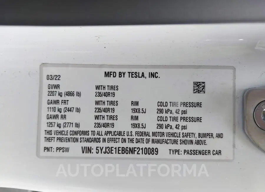 TESLA MODEL 3 2022 vin 5YJ3E1EB6NF210089 from auto auction Iaai