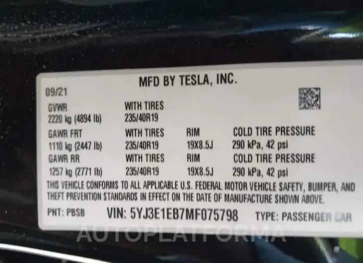 TESLA MODEL 3 2021 vin 5YJ3E1EB7MF075798 from auto auction Iaai