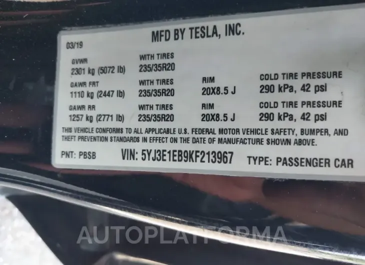 TESLA MODEL 3 2019 vin 5YJ3E1EB9KF213967 from auto auction Iaai