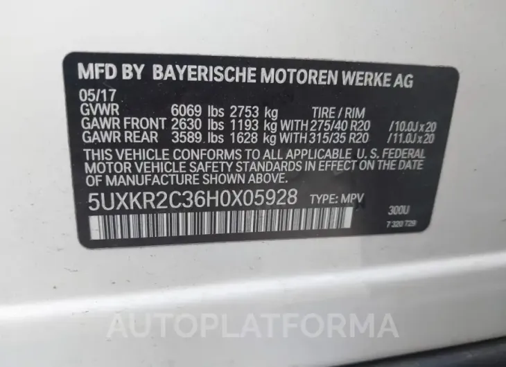 BMW X5 2017 vin 5UXKR2C36H0X05928 from auto auction Iaai