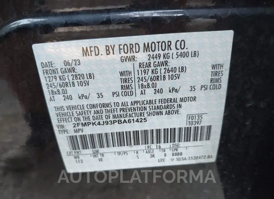 FORD EDGE 2023 vin 2FMPK4J93PBA61425 from auto auction Iaai