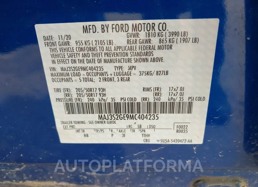 FORD ECOSPORT 2021 vin MAJ3S2GE9MC404235 from auto auction Iaai