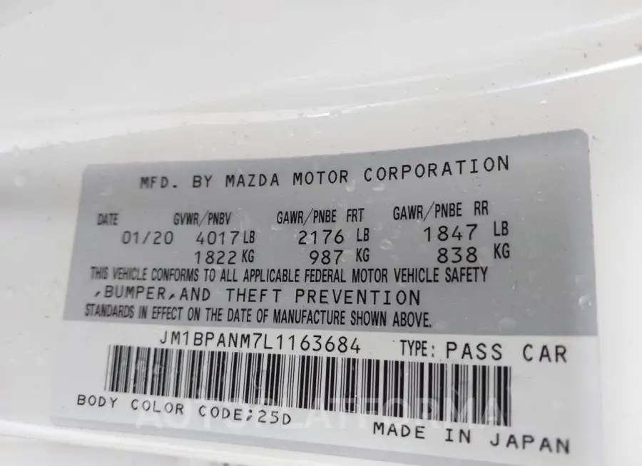 MAZDA MAZDA3 2020 vin JM1BPANM7L1163684 from auto auction Iaai