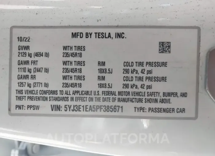 TESLA MODEL 3 2023 vin 5YJ3E1EA5PF385671 from auto auction Iaai